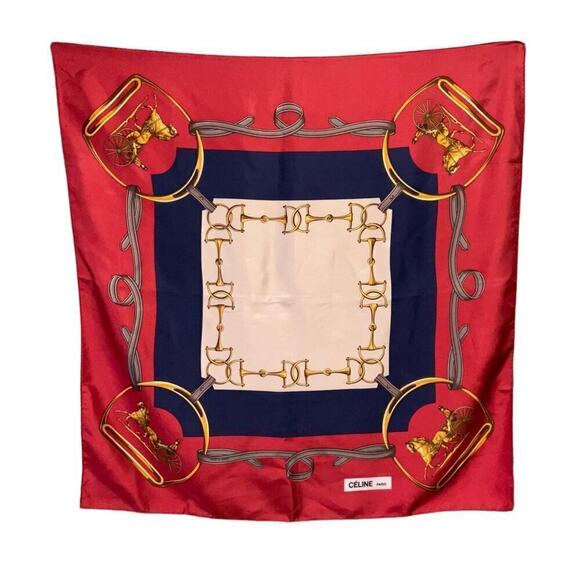 CELINE Paris 100% Silk Scarf Equestrian Motif Vintage Red Gold - Picture 1 of 16